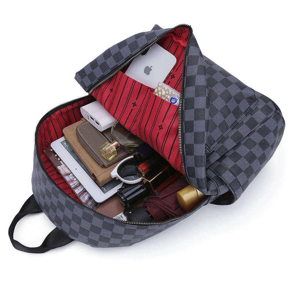 Women's Chessboard Plaid Retro Large Capacity Leather Backpacks