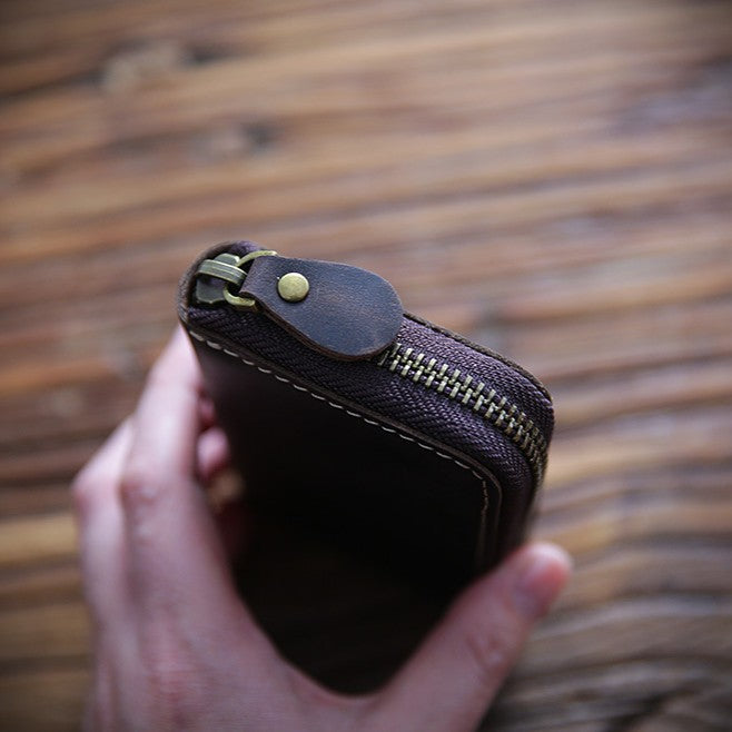 Men's Horse Leather Zipper Genuine Large Capacity Expanding Multiple Card Holder