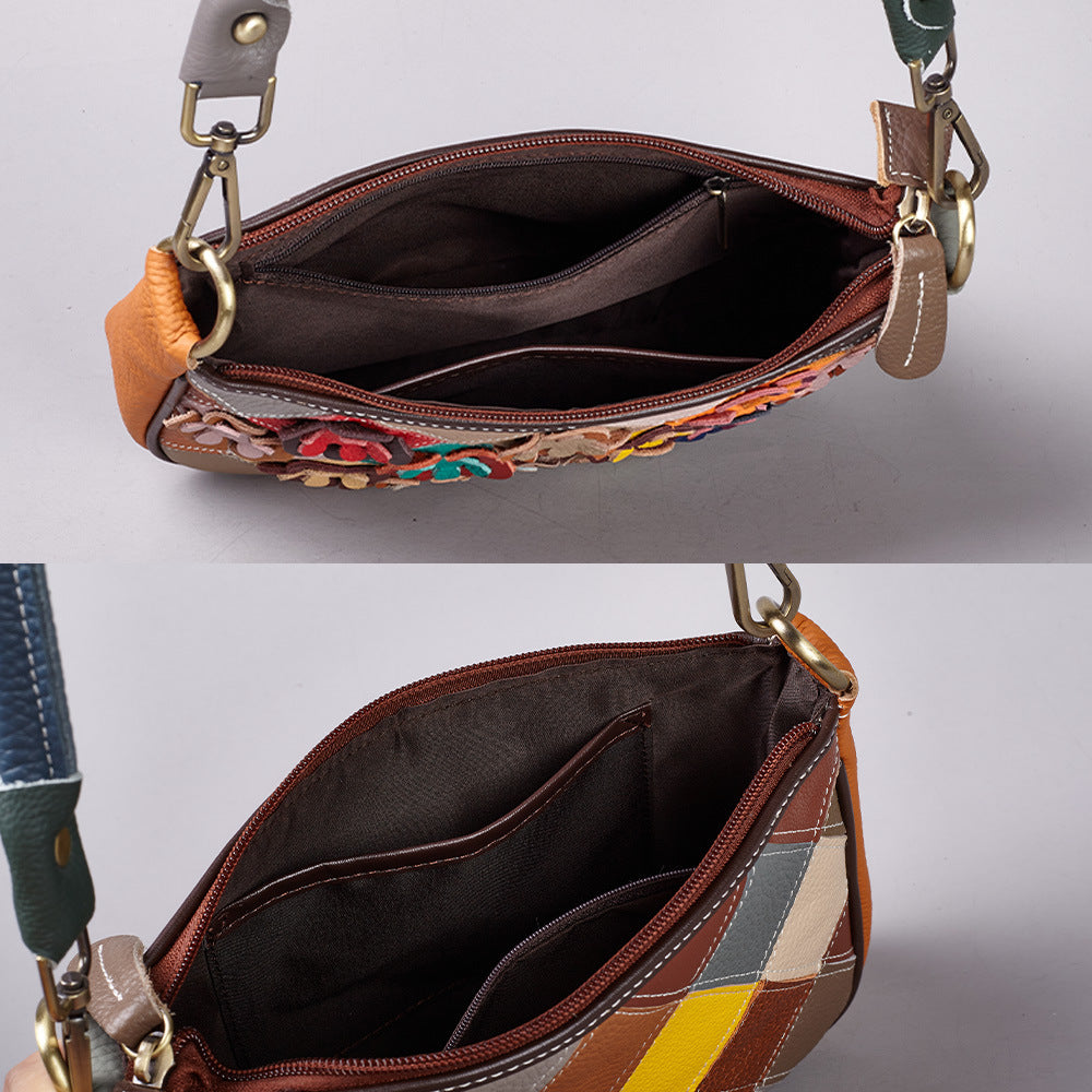 Women's Layer Cowhide Genuine Leather Handmade Contrast Color Men's Bags