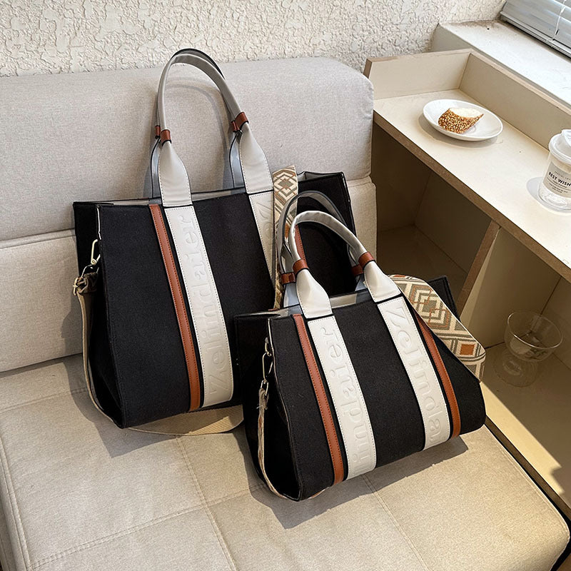 Women's Canvas Contrast Color Large Capacity Fashionable Tote Bags