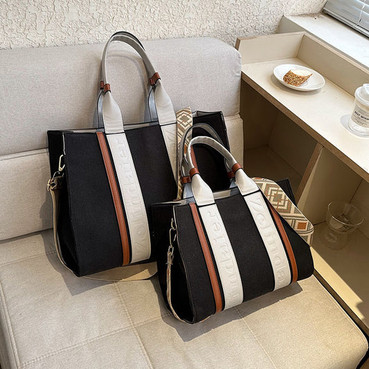 Women's Canvas Contrast Color Large Capacity Fashionable Tote Bags