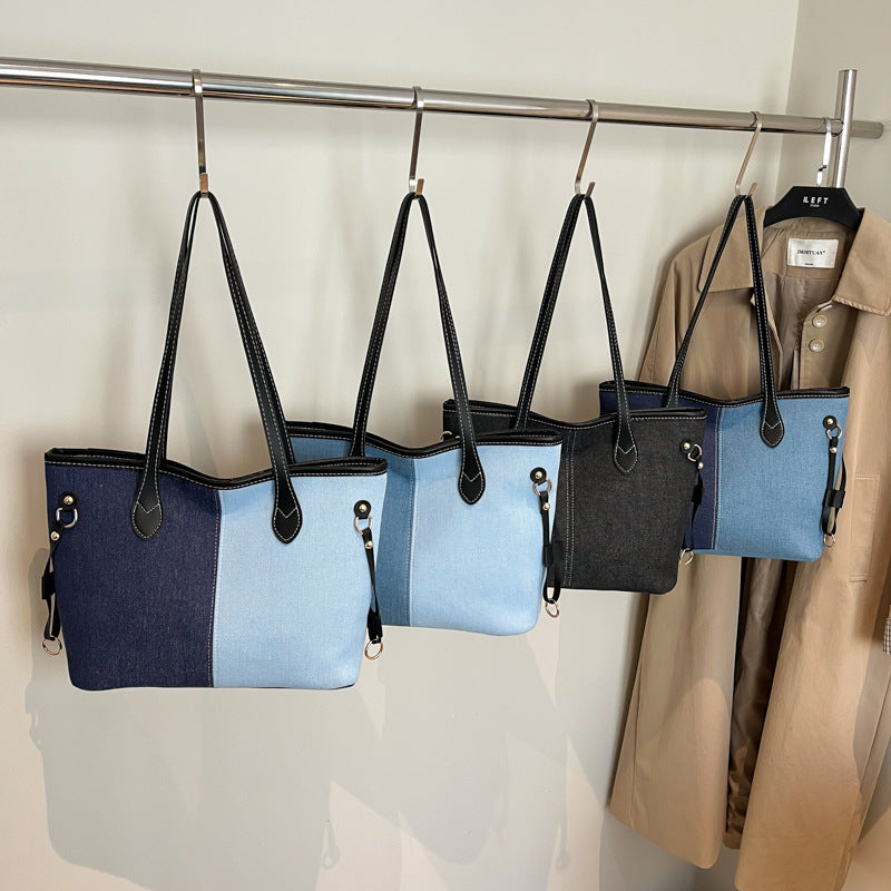Women's Large Capacity Fashionable Denim Stitching Contrast Color Shoulder Bags