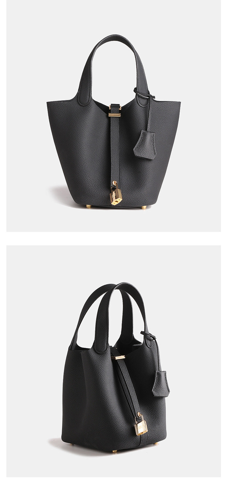 Layer Cowhide Lychee Pattern Solid Color Bucket Bags