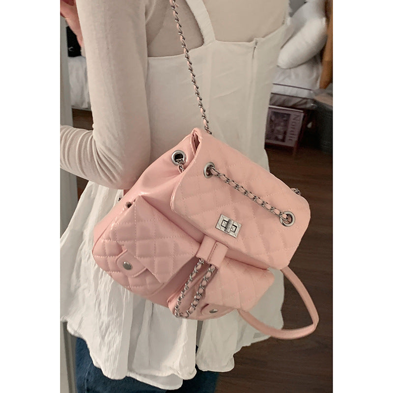 Women's Korean Version Of Style Chain Diamond Plaid Backpacks