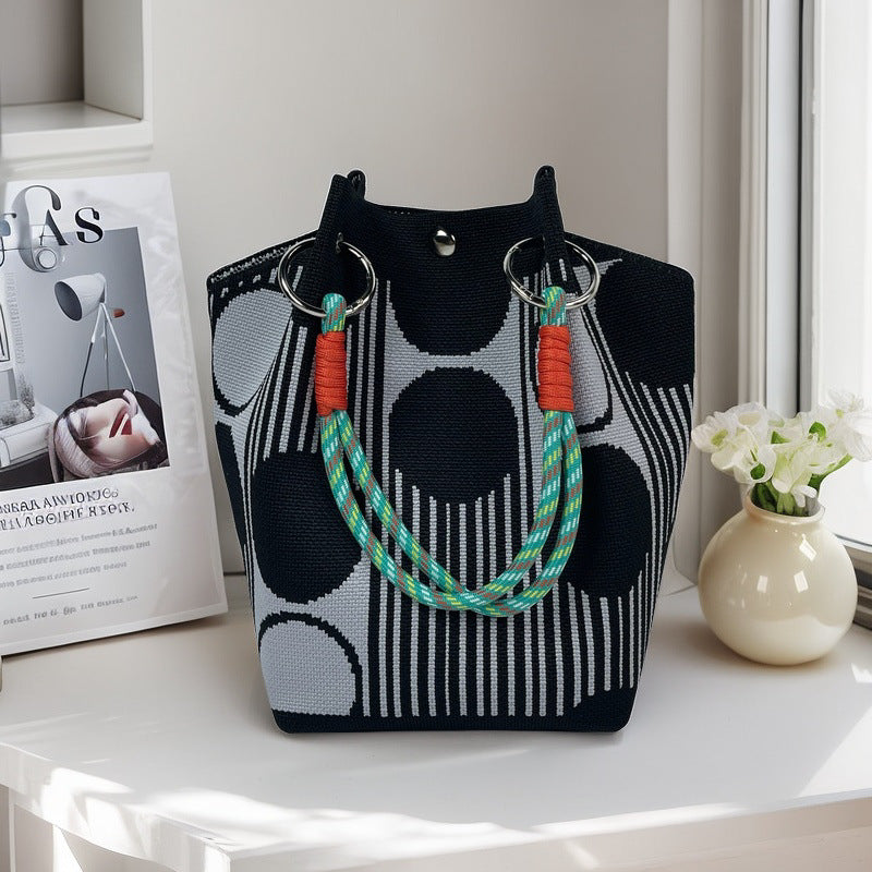 Design Black White Rhombus Knitted Versatile Large Women's Handbag