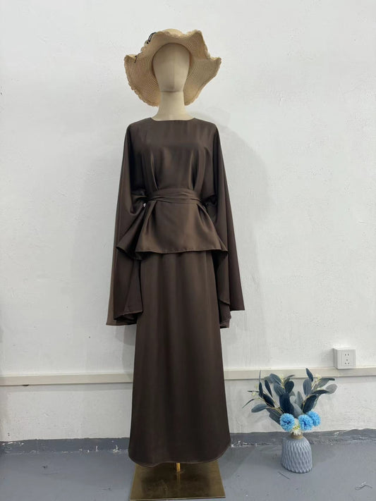 Dress Batwing Sleeve Waist Draping Satin Dresses