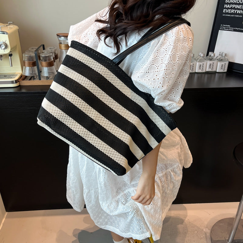 Women's Simple Striped Large Capacity Fashion Hollow Black White Women's Shoulder Bag