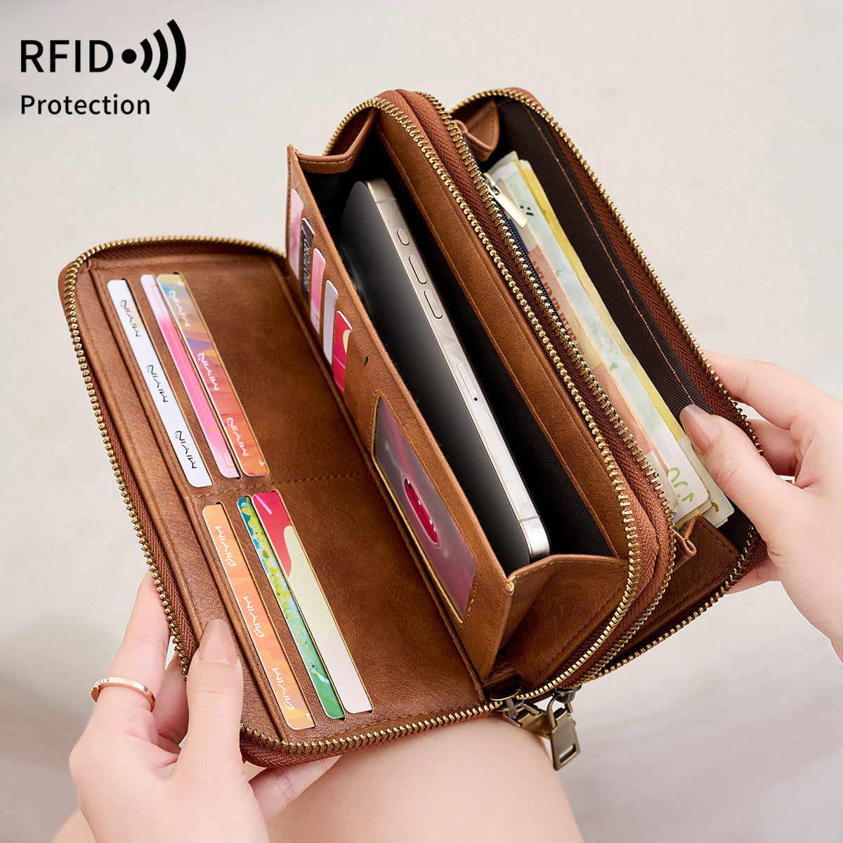 Women's Swiping Double Zipper Large Capacity Long Vintage Ladies Wallet