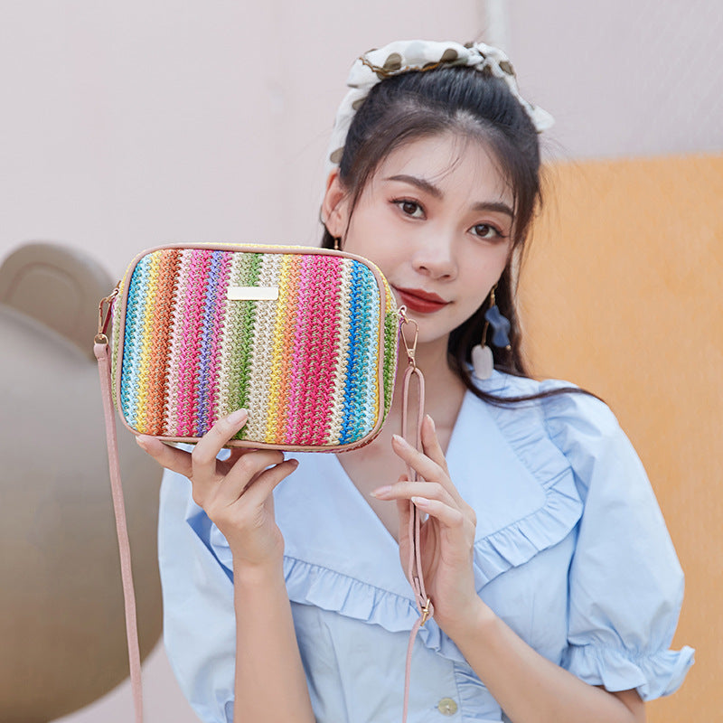 Attractive Colorful Straw Woven Versatile Rainbow Bags