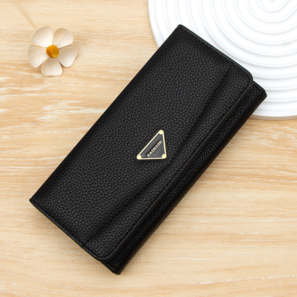 Solid Color Litchi Pattern Long Two Ladies Wallet