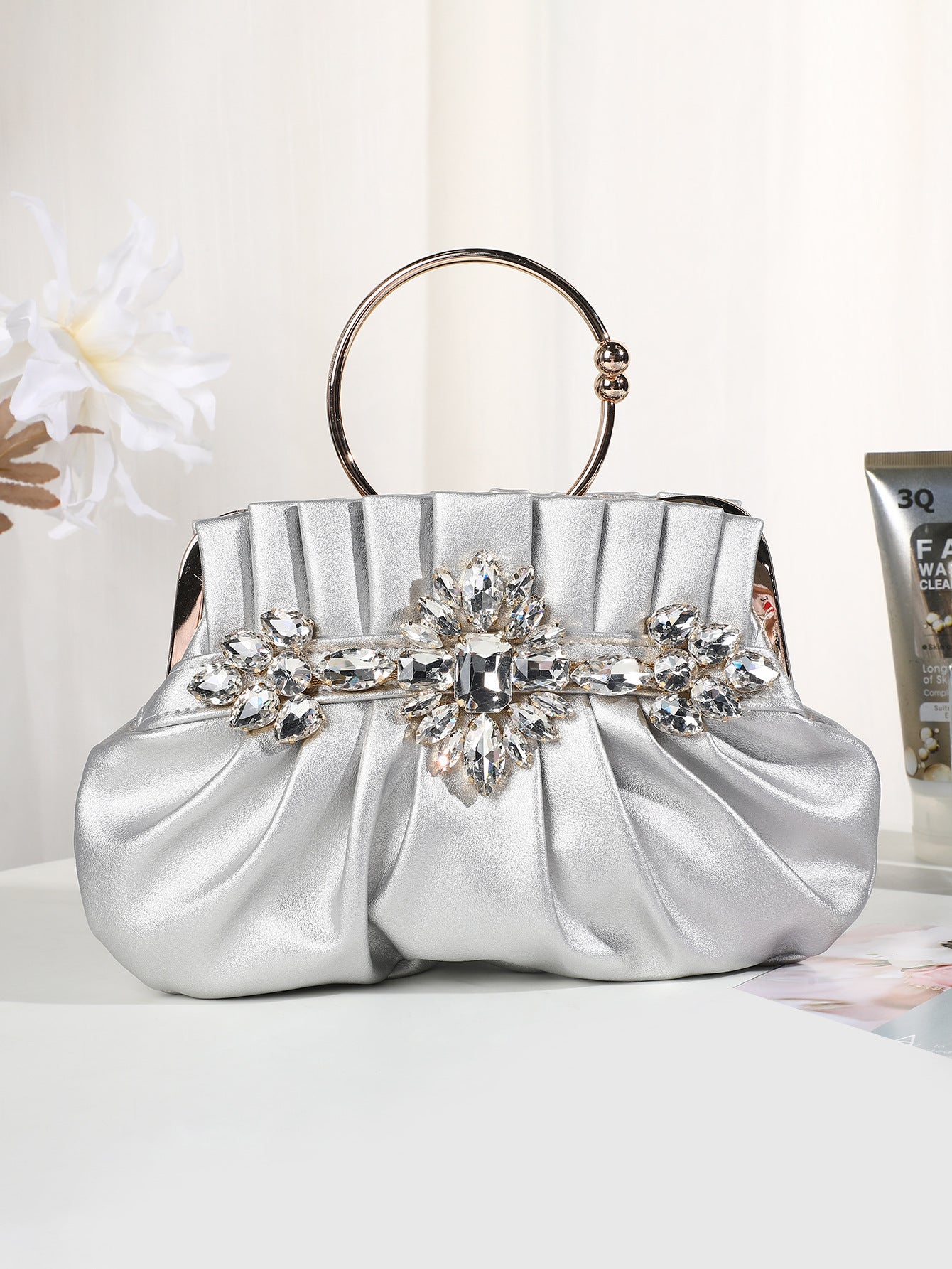 Refined Rhinestone Dinner Pleated Hollow Design Evening Bags