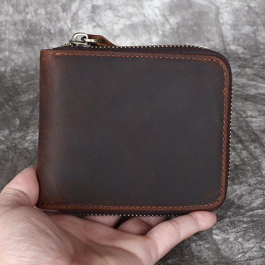 Men's Horse Leather Zipper Vertical Full First Layer Cowhide Retro Men's Wallets