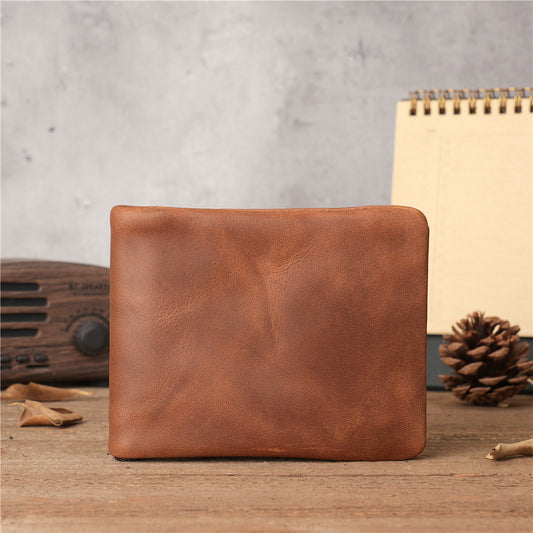 Men's Leather Retro Horizontal Zipper Cowhide Simple Distressed Genuine Men's Wallets