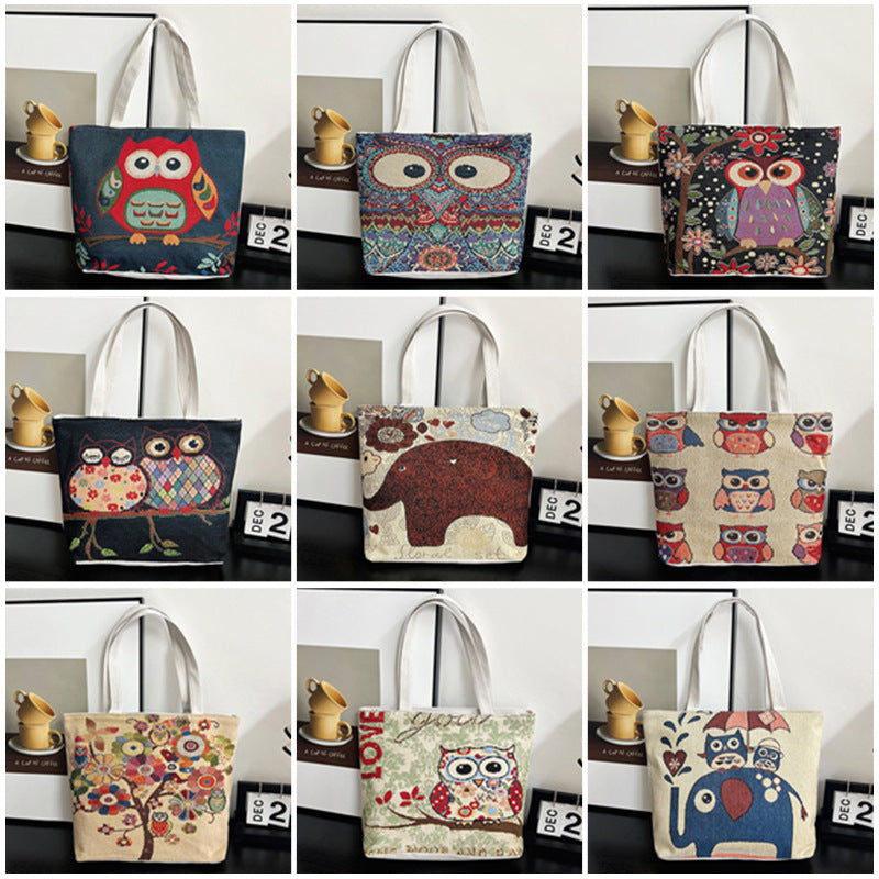 Women's Yarn-dyed Canvas Embroidered Portable Fashion Large Shoulder Bags