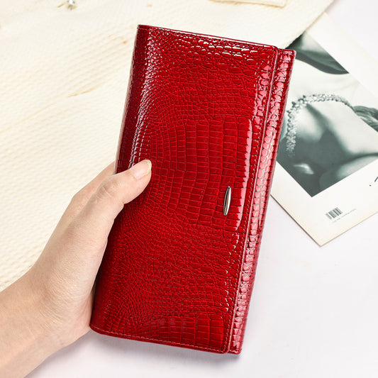 Women's Genuine Leather Swiping Long Clutch Crocodile Ladies Wallets