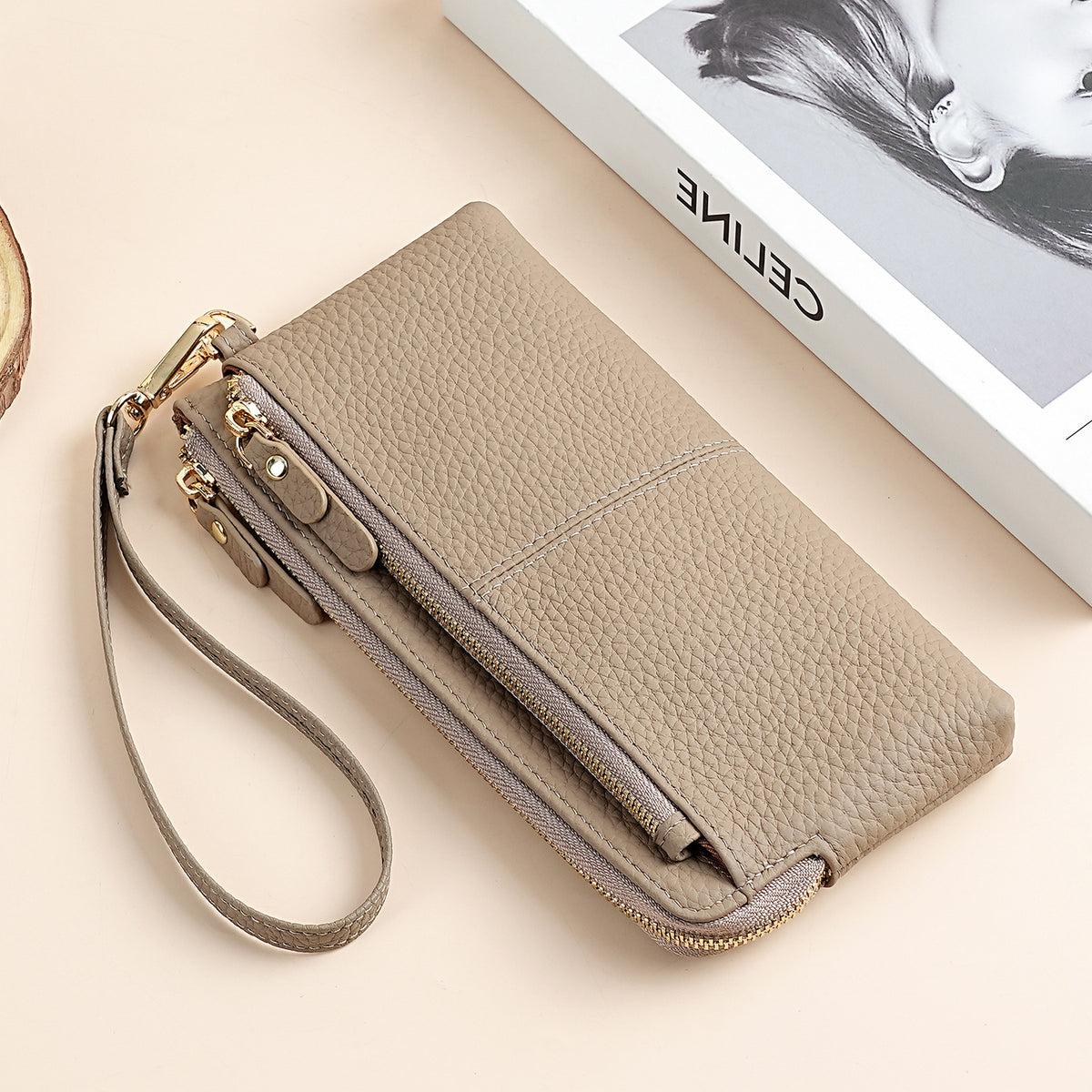 Women's Detachable Wrist Strap Long Genuine Leather Multifunctional Mobile Three Layers Handbags