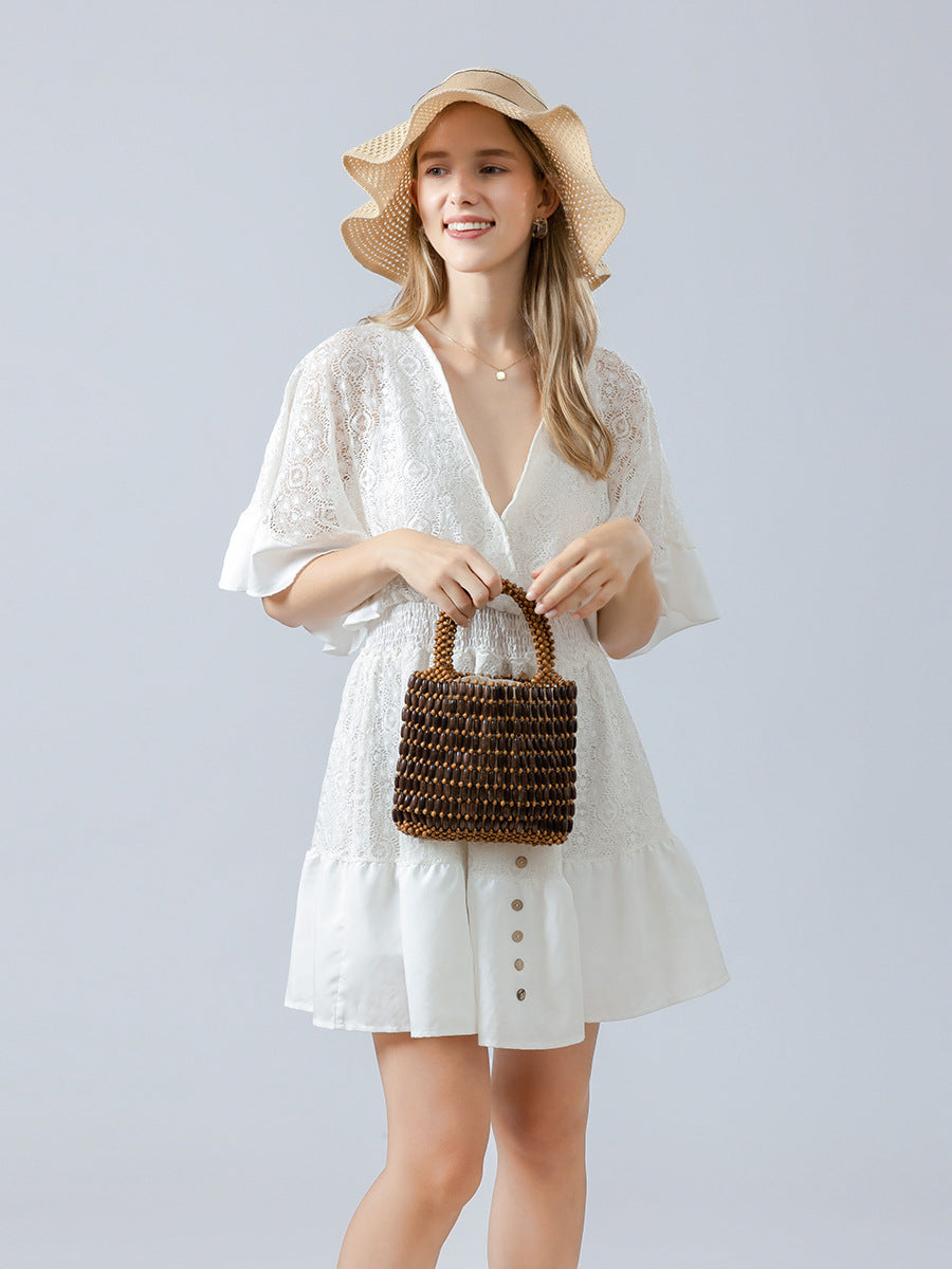 Women's Fashion With Wooden Beads Decoration Hand-woven Handbags