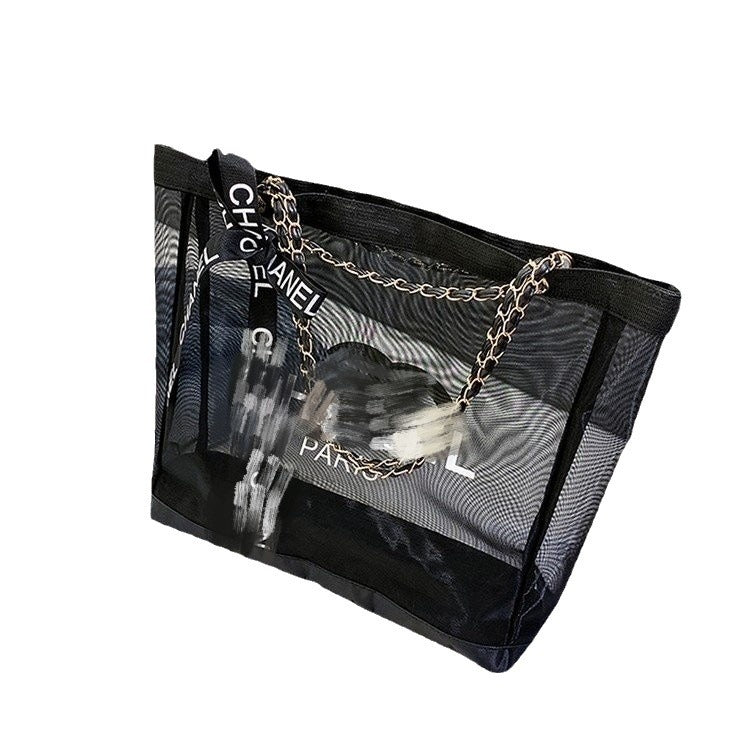 Women's Counter Nylon Screen Net Chain Black Tote Bags