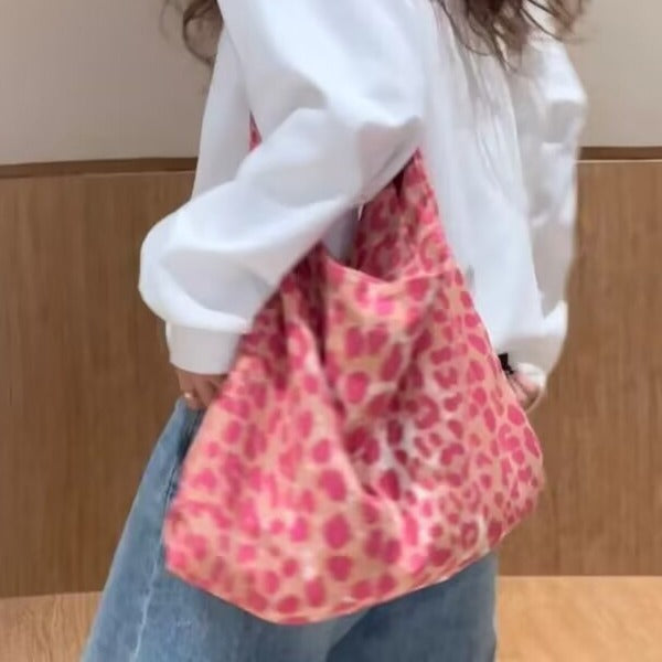 Raspberry Pink Leopard Print Canvas Cloth Women's Shoulder Bag