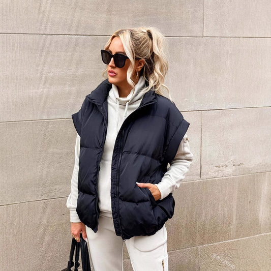 Women's Solid Color Zipper Pocket Stand-up Collar Vests