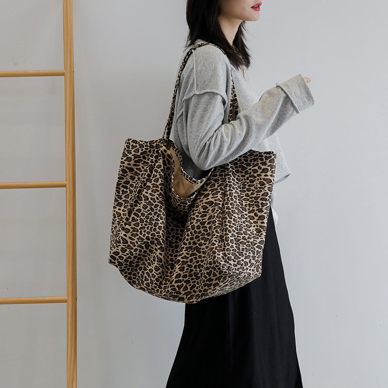 Women's Canvas Korean Style Large Capacity Leopard Print Cloth Commuter Bags