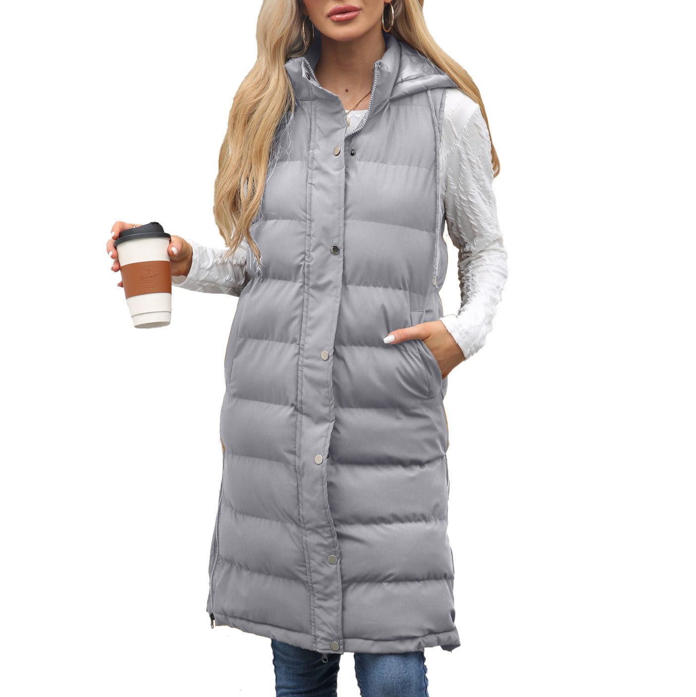 Women's Hooded Sleeveless Long Solid Color Zipper Vests