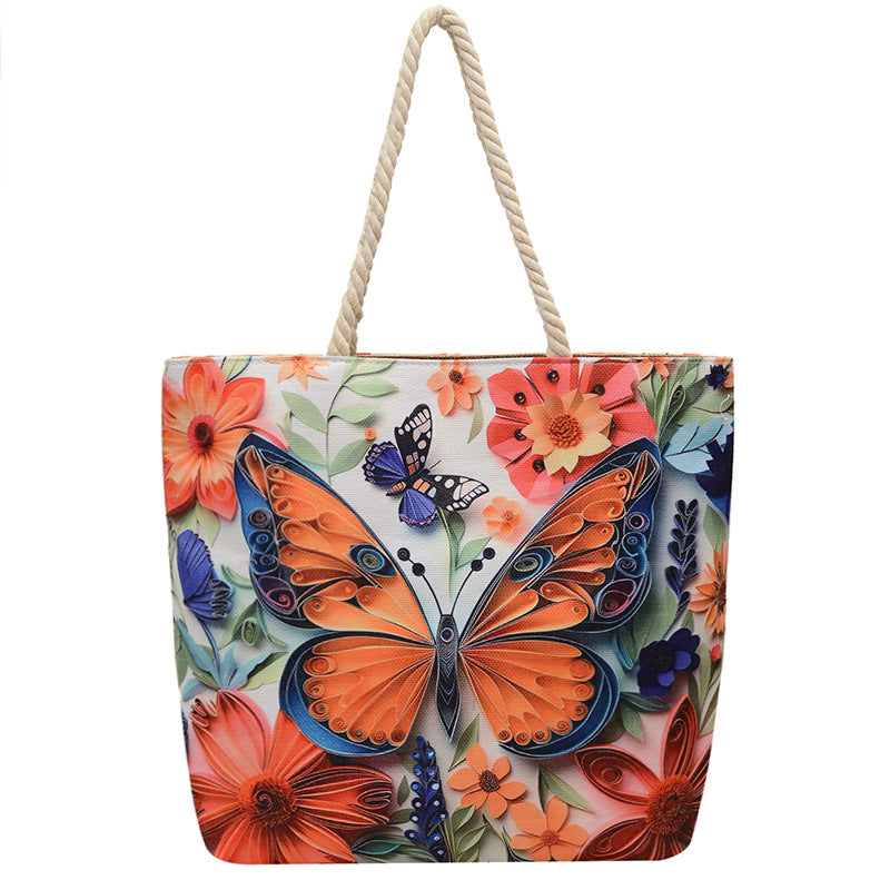 Double-sided Beach Imitation Linen Hot Printed Pattern Large Capacity Canvas Women's Shoulder Bag