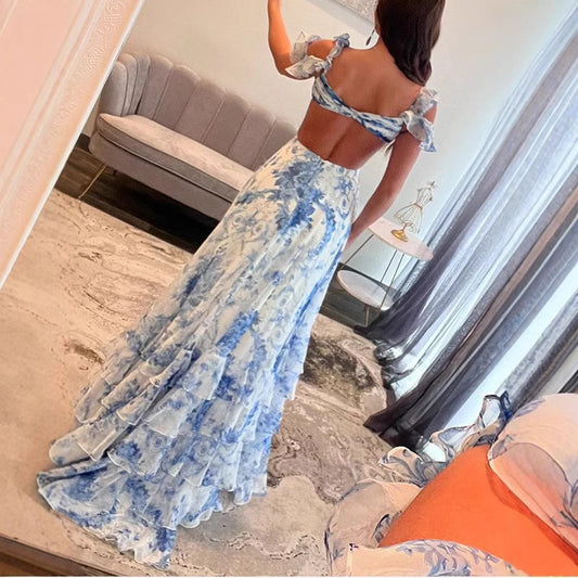Women's Sexy Backless Ruffled High Slit Suspender Dresses