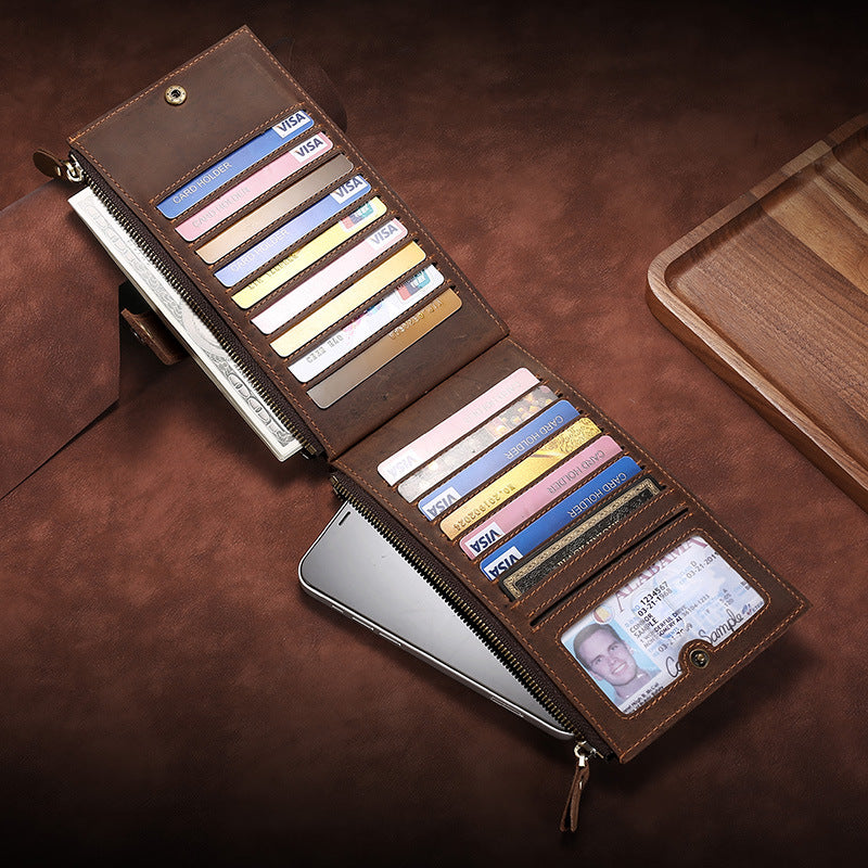 Horse Leather Antimagnetic Integrated Large Capacity Sleeve Zipper Card Holder