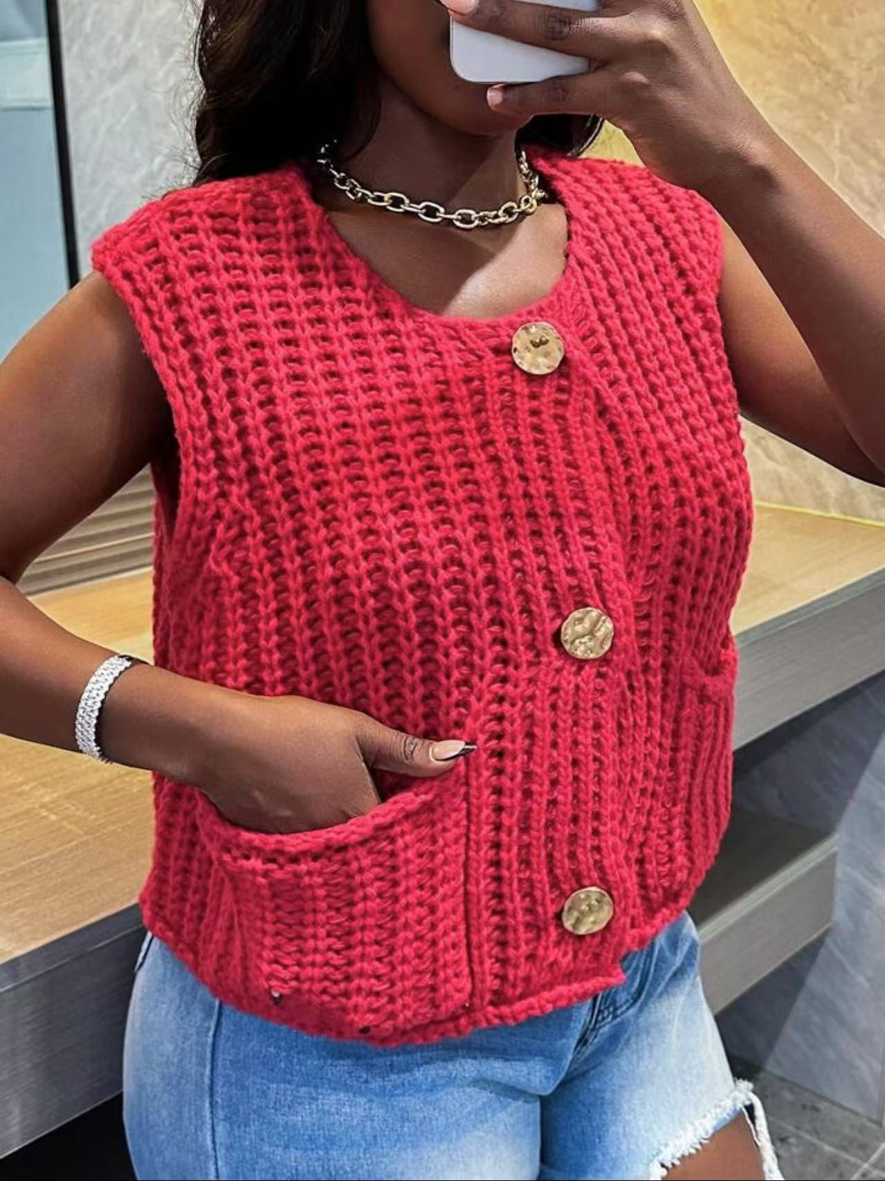 Women's Summer Fashion Thick Needle Large Buttons Knitwear