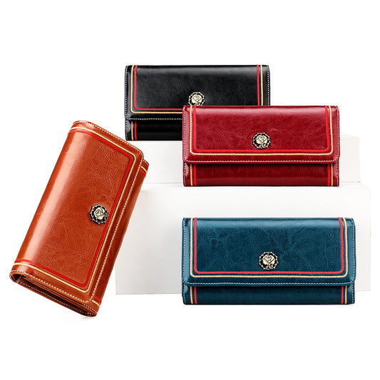 Women's Leather Long Cowhide Large Capacity Multiple Ladies Wallets