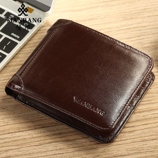 Men's Layer Cowhide Classic Short Three Fold Men's Wallets