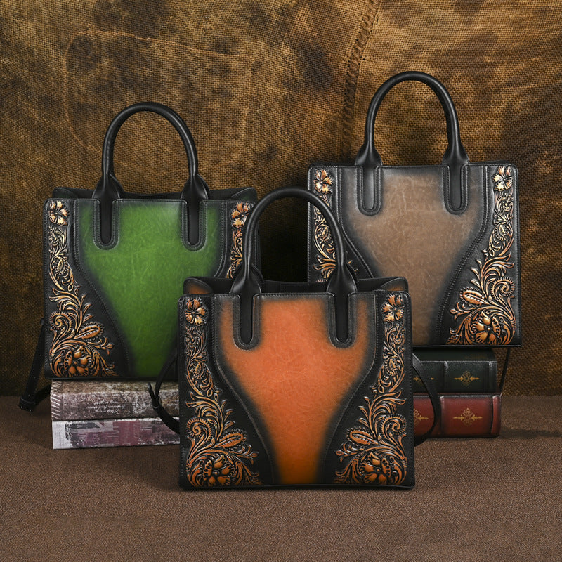 Women's First Layer Cowhide Leather Retro Embossing Women's Handbag
