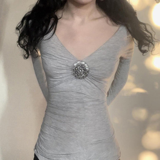 Design Sense Pleating Chest Deep Slimming Long-sleeved T-shirt Tops