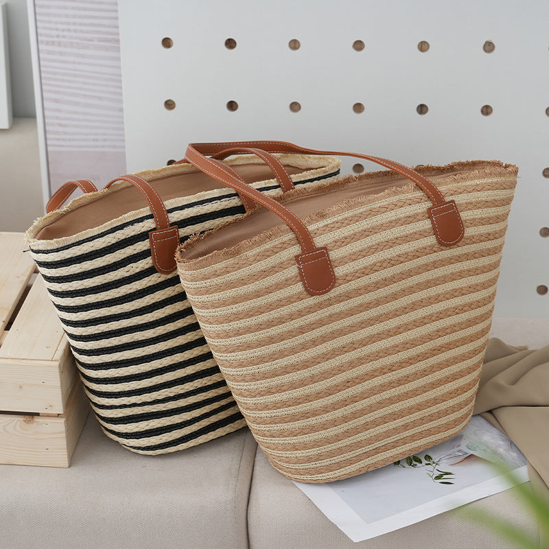 Versatile Large Capacity Seaside Pastoral Style Classic Striped Women's Handbag