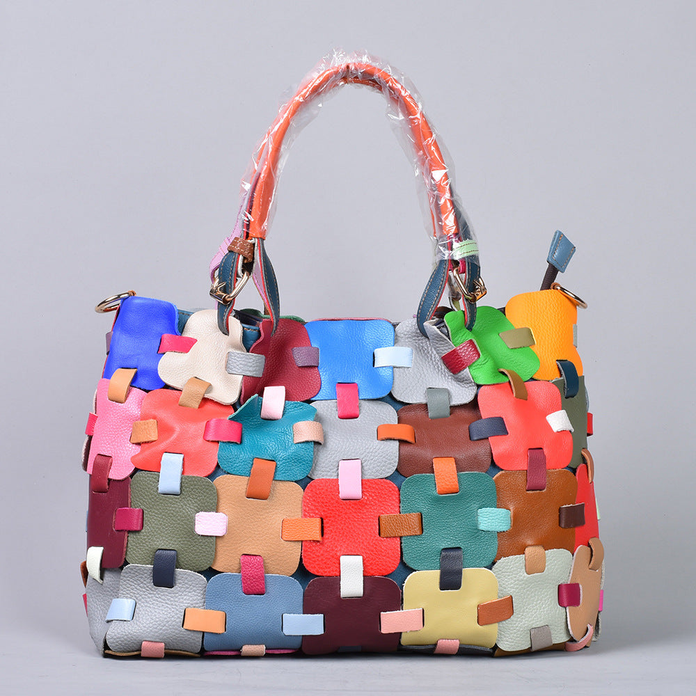 Cowhide Ethnic Style Color Woven Beach Women's Handbag