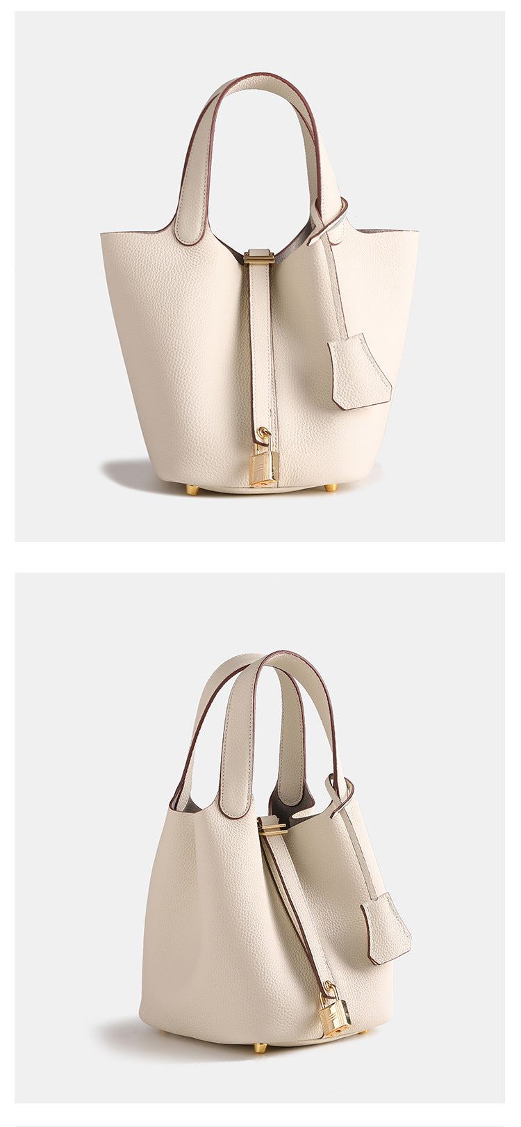 Layer Cowhide Lychee Pattern Solid Color Bucket Bags