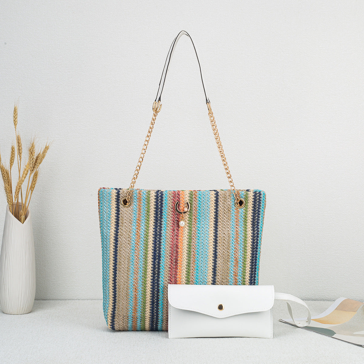 Fresh Sweet Rainbow Knitted Fashion Style Trendy Cat Head Pearl Shoulder Bags