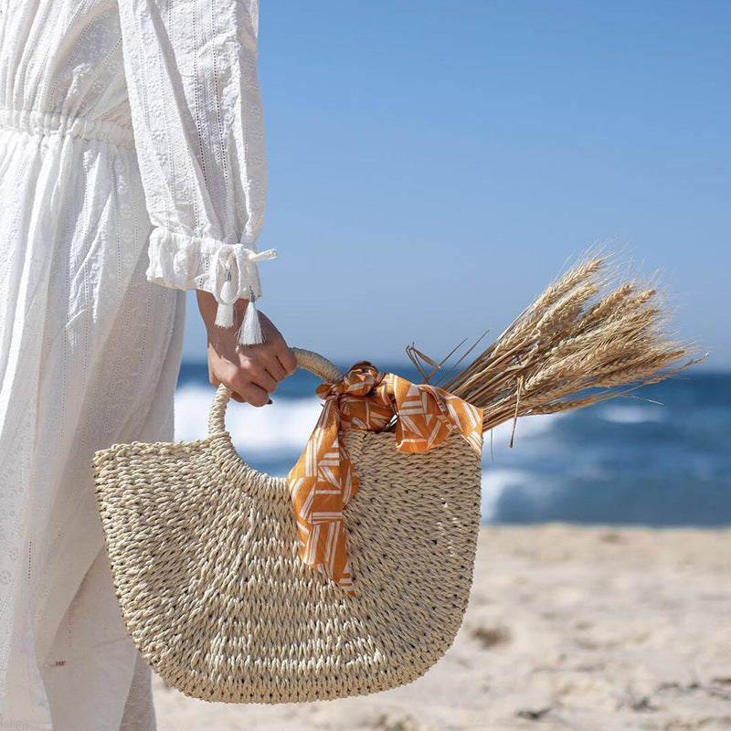 Women's Summer Retro Simple Straw Half Moon Mori Fashion Rattan Crescent Handbags