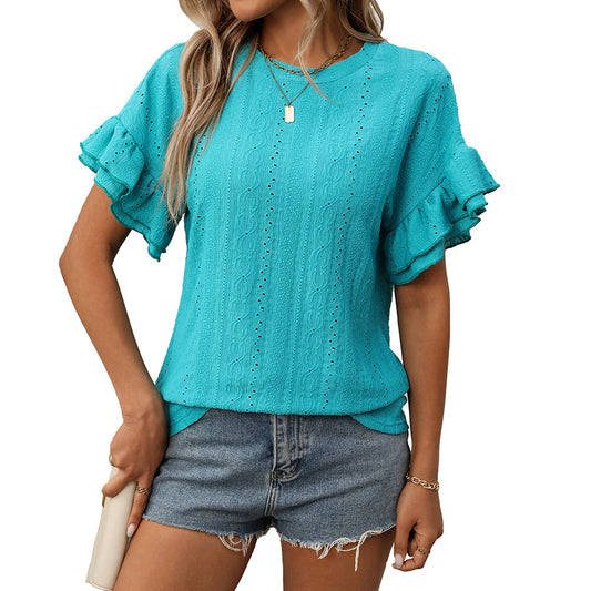 Women's Summer Solid Color Round Neck Ruffle Blouses