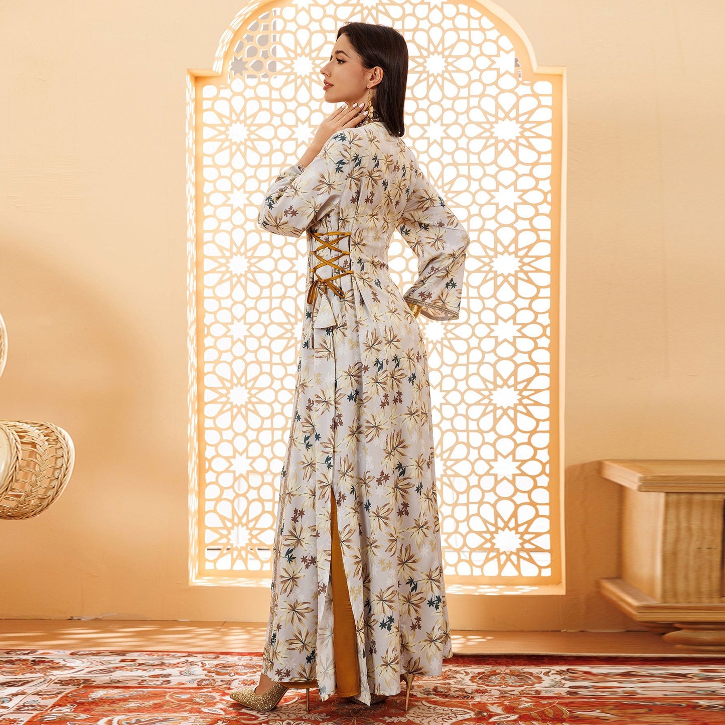 Women's Arabic Muslim Wear Printed Floral Robe Clothing