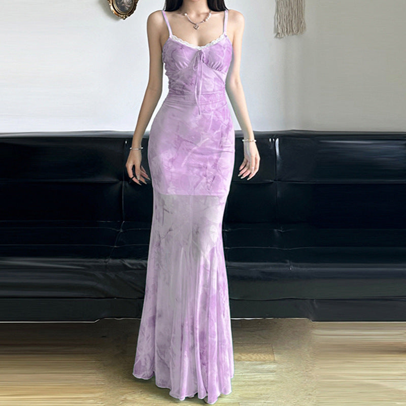 Chinese Style Light Green Butterfly Printed Fishtail Suspender Dresses