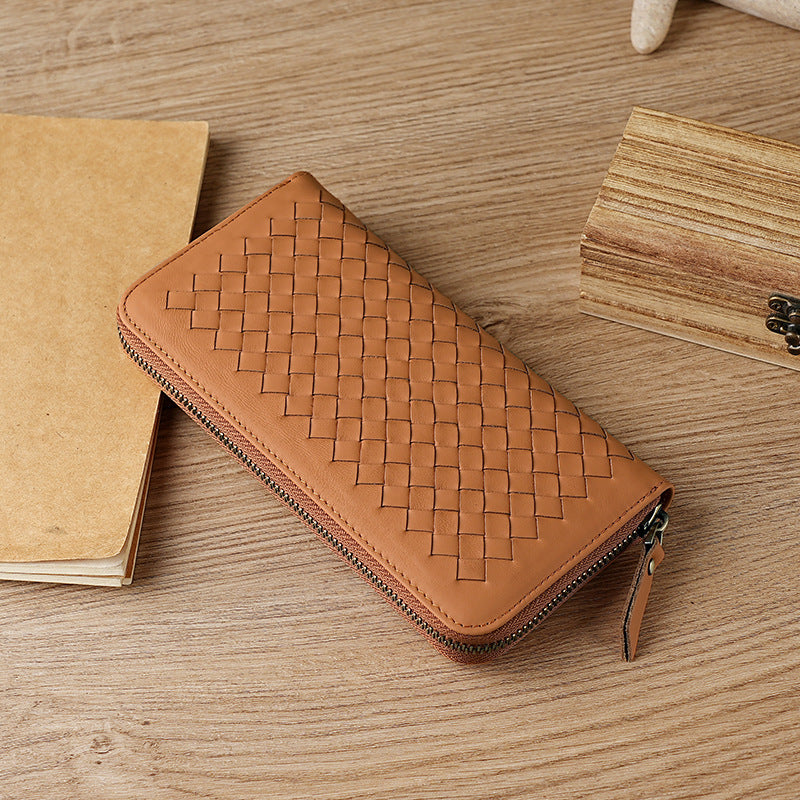 Women's Handmade Woven Leather Long Large Capacity Pocket Ladies Wallet