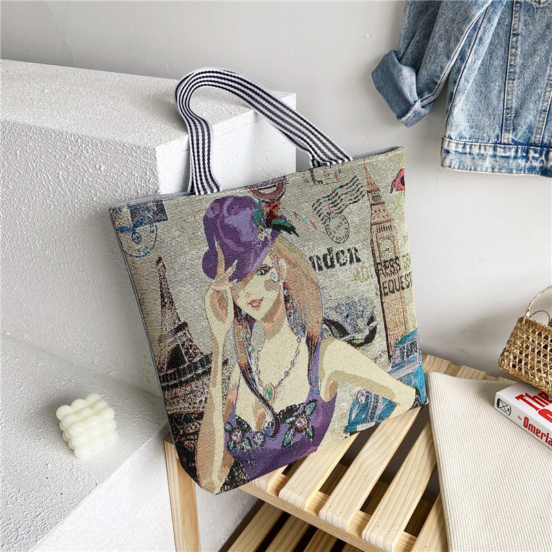 Women's Retro Fashion Illustration Embroidered Large Capacity Tote Bags