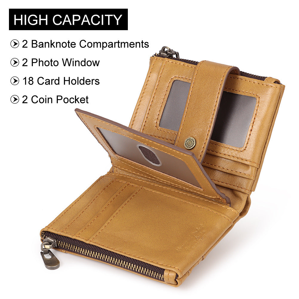 Men's Double Zipper Leather Multiple Slots Crazy Men's Wallets