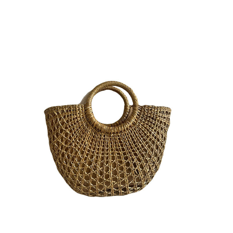 Women's Handmade Yellow Grass Hollow Semicircle Woven Handbags