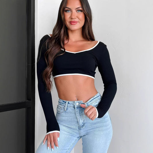 Beauty Back Long Sleeve Contrast Color High Knitwear