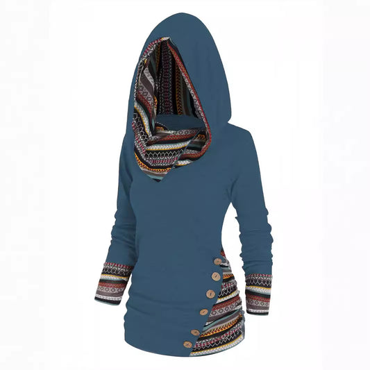 Women's Stitching Hooded Knitted Long Sleeve Button Casual Sweaters