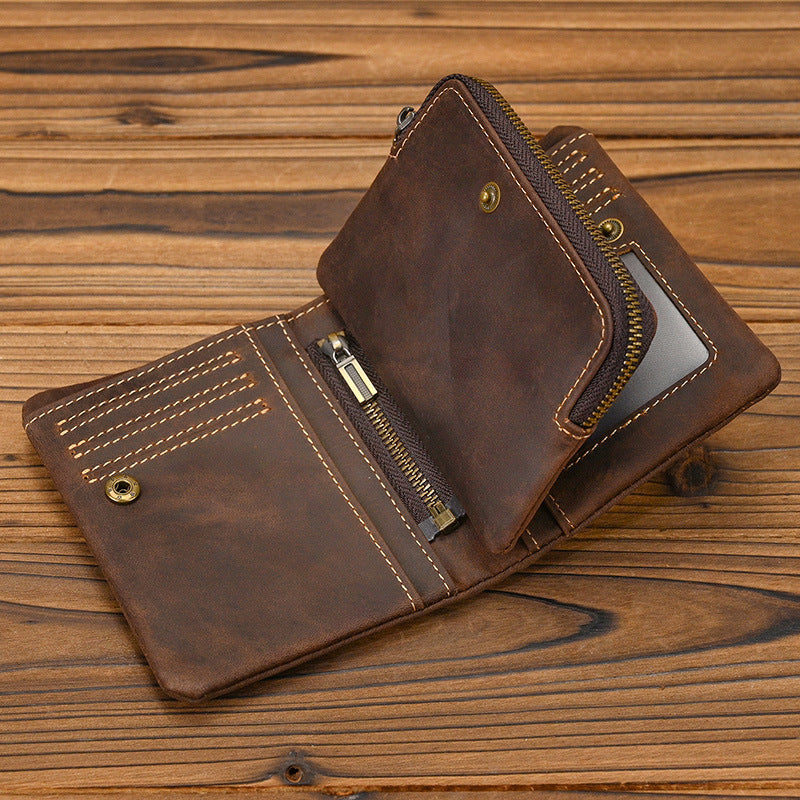 Leather Short With Zipper Pocket Snap Button Crazy Horse Two Men's Wallet