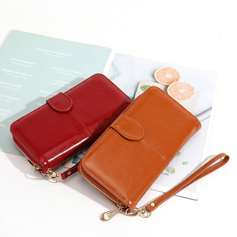 Women's Zipper Oil Wax Leather Mobile Clutch Ladies Wallet